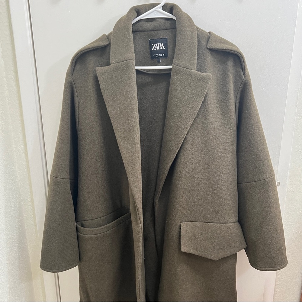 Zara Green dark Khaki wool coat with belt size s